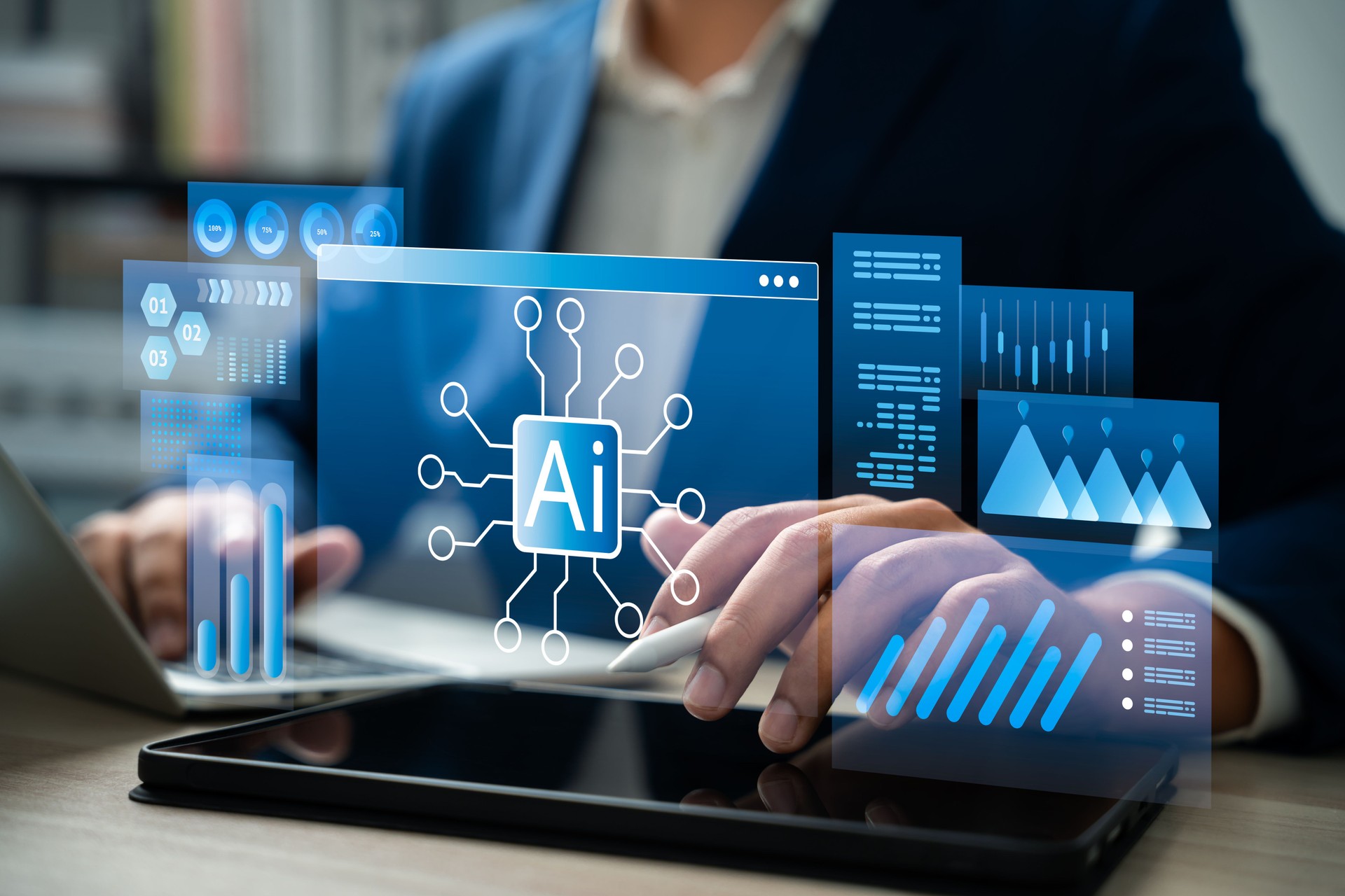 AI technology for daily life and business efficiency, Human use artificial intelligence and automation to analyze data, Prioritize tasks, Enhance productivity in everyday life and work, Workflow.