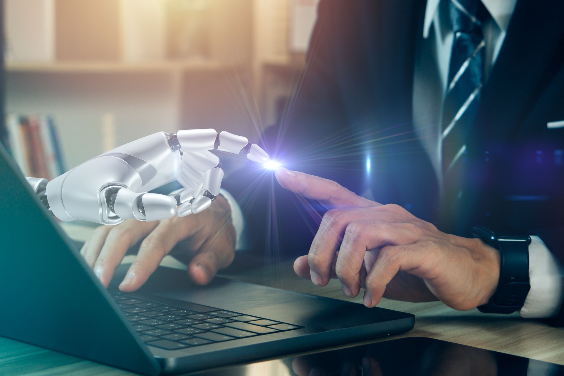 Technology meets humanity.Cyborg finger touching human finger.AI technology development.Global robotic bionic science research for future of human life.